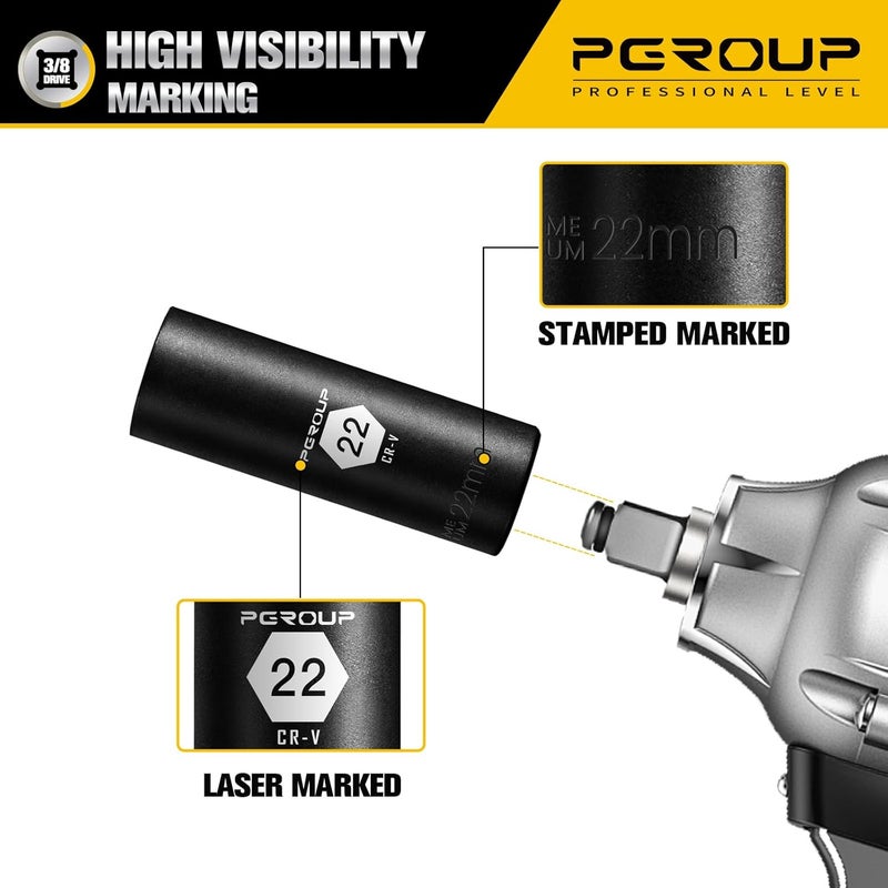 pgroup 3/8” Drive Deep Impact Socket, Metric(22mm socket), 6-Point, Cr-V Steel With Black Manganese Phosphate Coating - Image 5